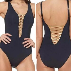 Bleu Rod Beattie Twisted-Front One-Piece Swimsuit Black Gold- Size 8
